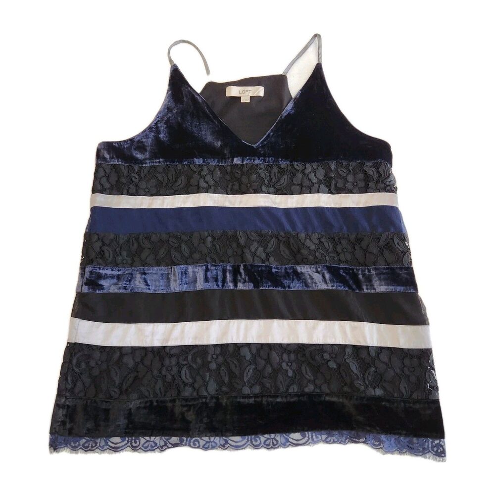 Ann Taylor LOFT Y2K Velvet Lace Ribbons Blue Black Silver Cami Blouse Top SZ Med